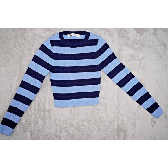 ZARA Striped Knit Cropped Sweater Top – Blue & Navy – Size S - Picture 1 of 10
